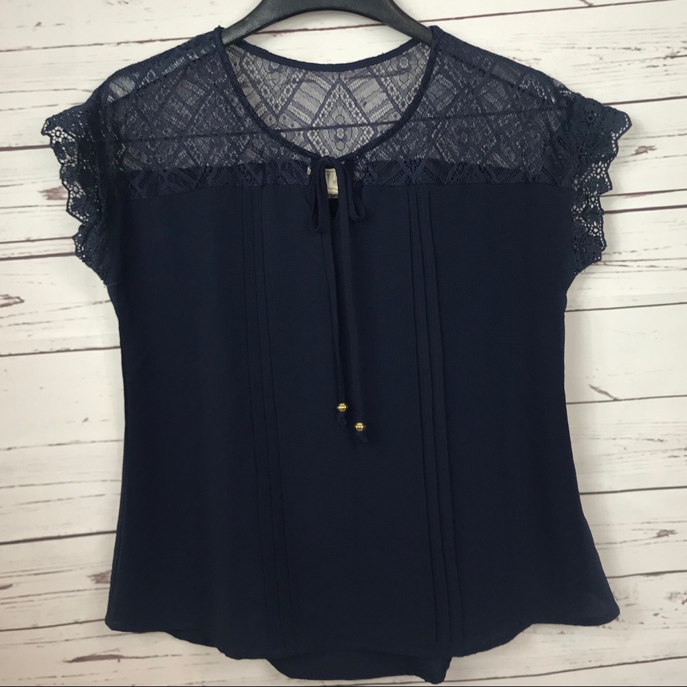 Blue Lace Top Womens Blouse Teardrop Neck Size L